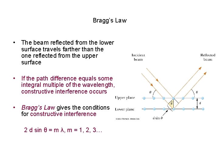 Bragg’s Law • The beam reflected from the lower surface travels farther than the