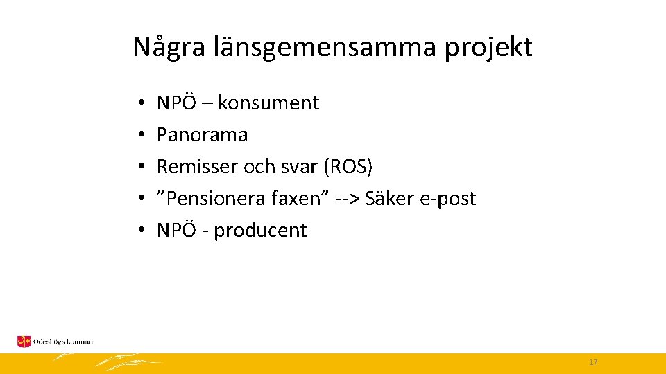 Några länsgemensamma projekt • • • NPÖ – konsument Panorama Remisser och svar (ROS)