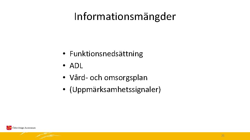 Informationsmängder • • Funktionsnedsättning ADL Vård- och omsorgsplan (Uppmärksamhetssignaler) 25 