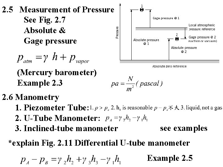 2. 5 Measurement of Pressure See Fig. 2. 7 Absolute & Gage pressure (Mercury