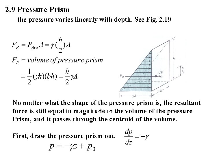 2. 9 Pressure Prism the pressure varies linearly with depth. See Fig. 2. 19