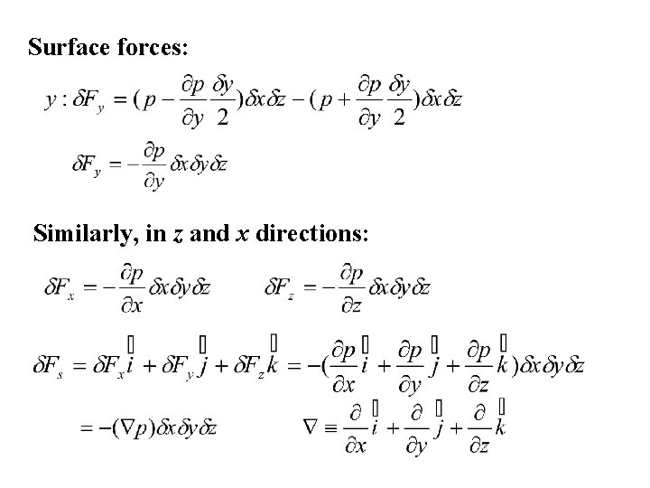 Surface forces: Similarly, in z and x directions: 