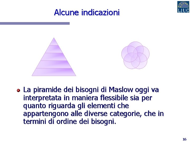 Alcune indicazioni La piramide dei bisogni di Maslow oggi va interpretata in maniera flessibile