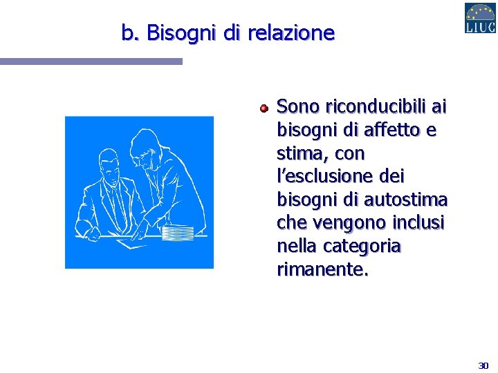b. Bisogni di relazione Sono riconducibili ai bisogni di affetto e stima, con l’esclusione