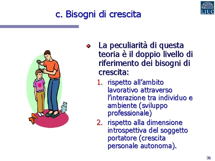 c. Bisogni di crescita La peculiarità di questa teoria è il doppio livello di