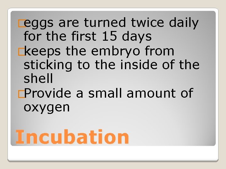 �eggs are turned twice daily for the first 15 days �keeps the embryo from
