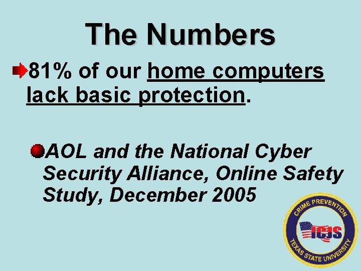 The Numbers 81% of our home computers lack basic protection. AOL and the National