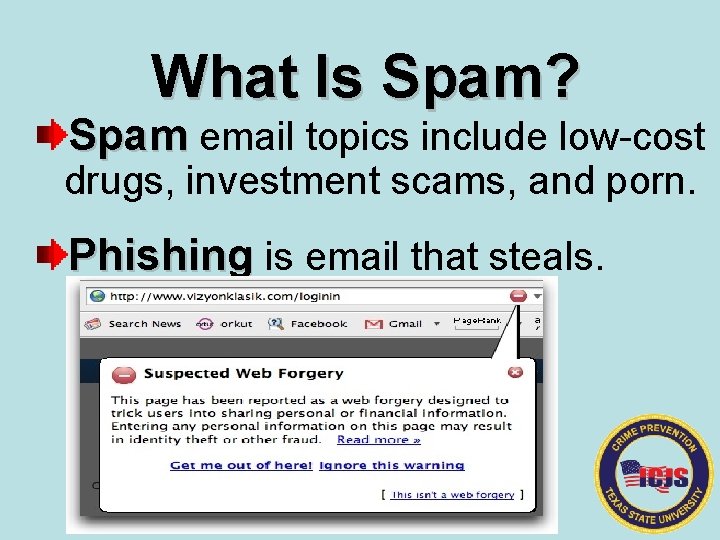 What Is Spam? Spam email topics include low-cost drugs, investment scams, and porn. Phishing