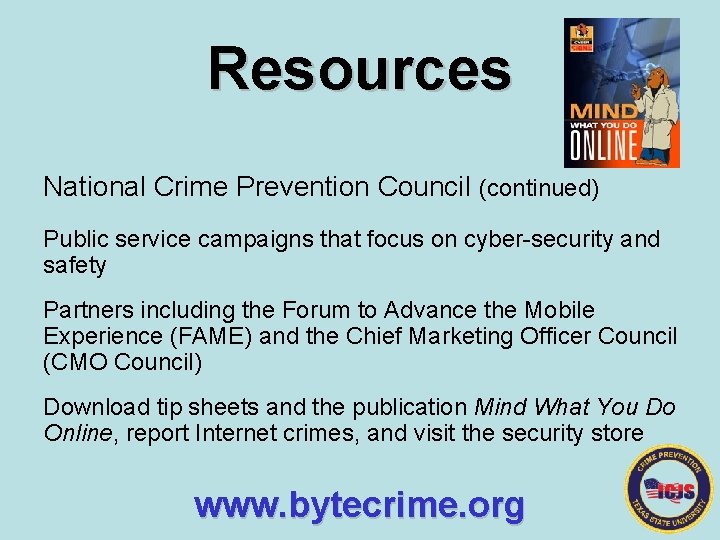 Resources National Crime Prevention Council (continued) Public service campaigns that focus on cyber-security and