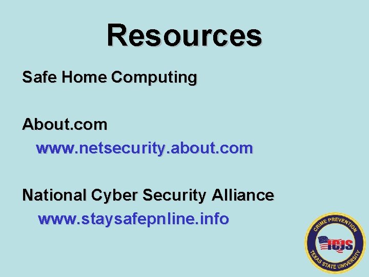Resources Safe Home Computing About. com www. netsecurity. about. com National Cyber Security Alliance