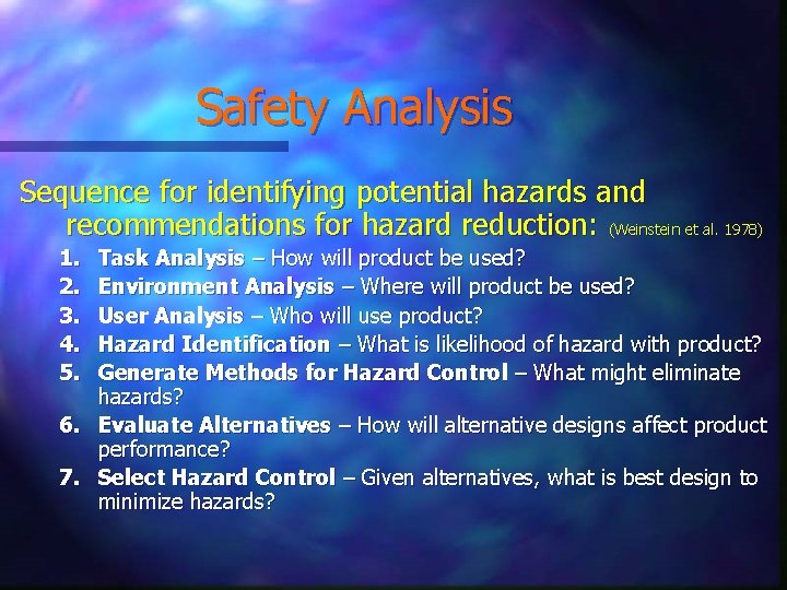 Safety Analysis Sequence for identifying potential hazards and recommendations for hazard reduction: (Weinstein et