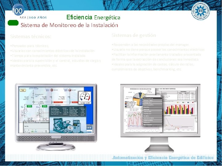 Eficiencia Energética Sistema de Monitoreo de la Instalación Sistemas técnicos: Sistemas de gestión •