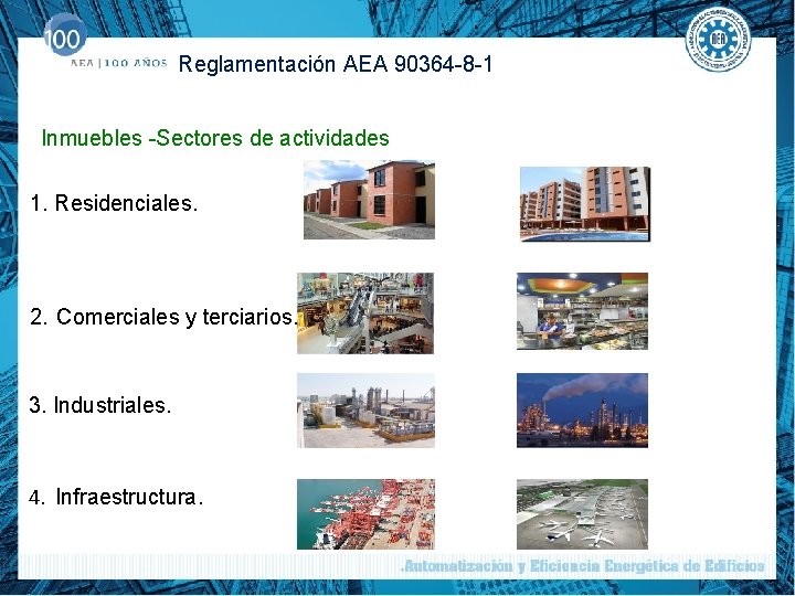 Reglamentación AEA 90364 -8 -1 Inmuebles -Sectores de actividades 1. Residenciales. 2. Comerciales y