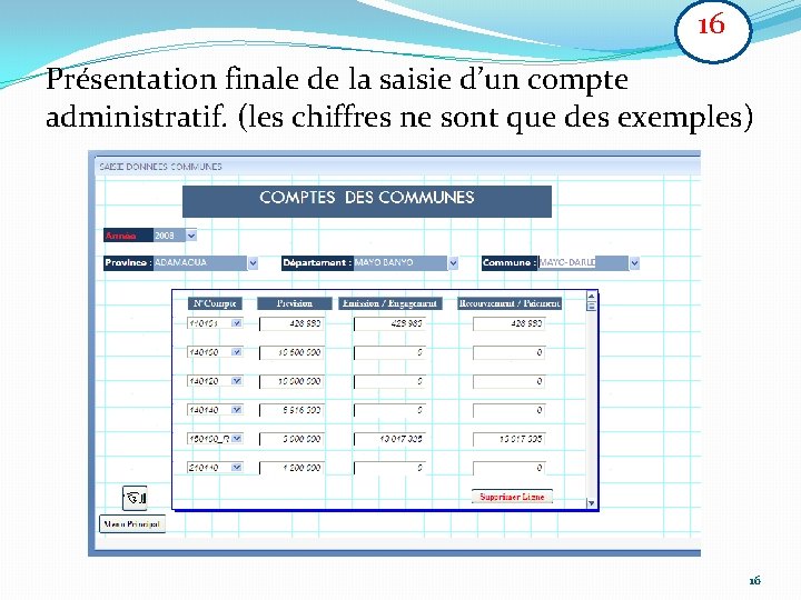 16 Présentation finale de la saisie d’un compte administratif. (les chiffres ne sont que