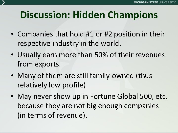 Discussion: Hidden Champions • Companies that hold #1 or #2 position in their respective