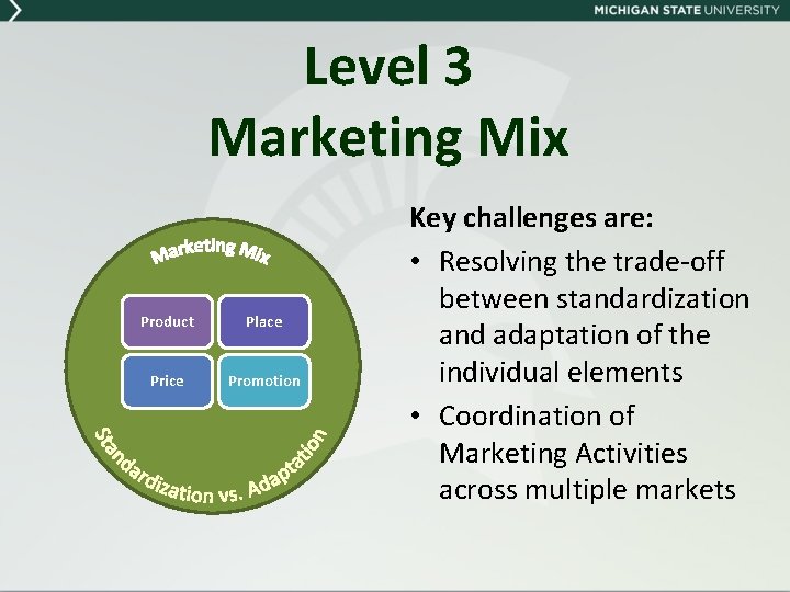 Level 3 Marketing Mix Product Place Price Promotion Key challenges are: • Resolving the