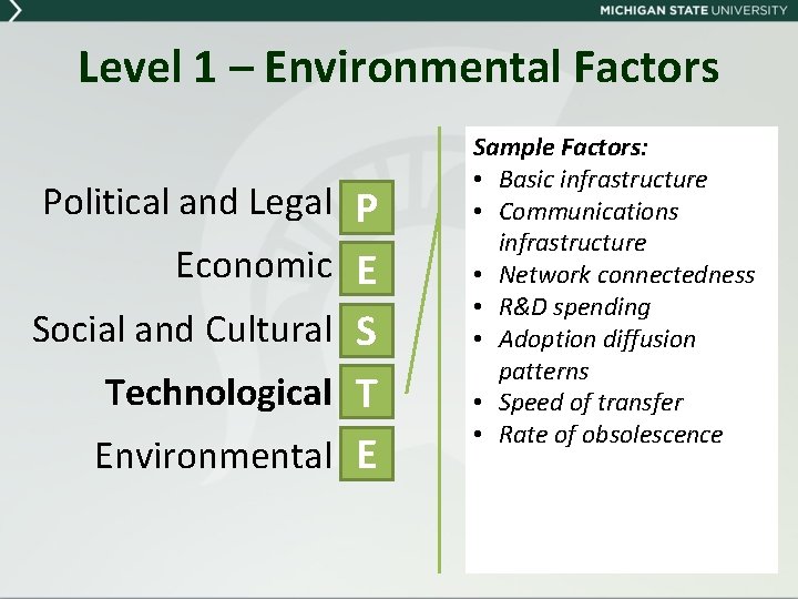 Level 1 – Environmental Factors Political and Legal P Economic E Social and Cultural