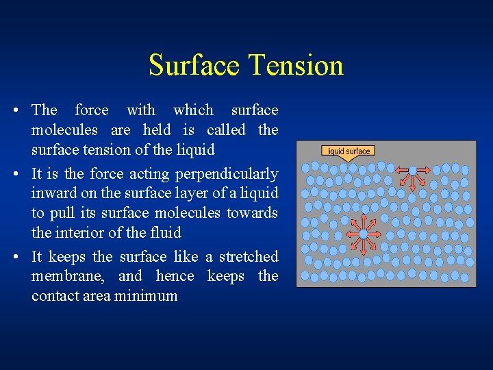 Surface Tension • The force with which surface molecules are held is called the