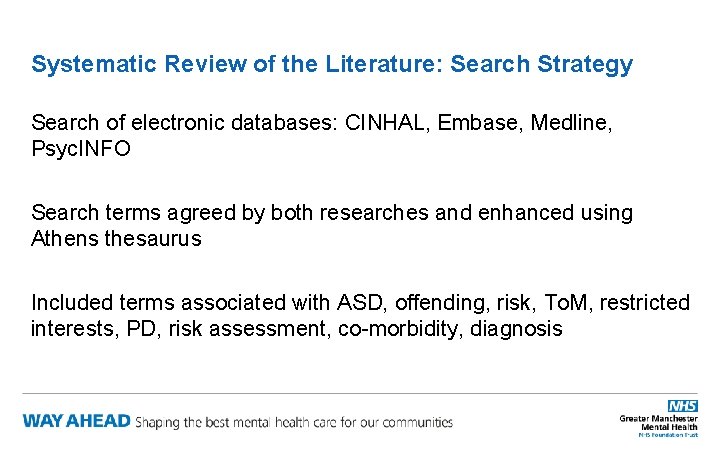 Systematic Review of the Literature: Search Strategy Search of electronic databases: CINHAL, Embase, Medline,