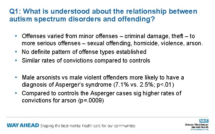 Q 1: What is understood about the relationship between autism spectrum disorders and offending?