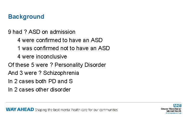 Background 9 had ? ASD on admission 4 were confirmed to have an ASD