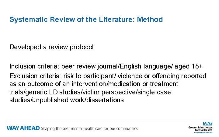 Systematic Review of the Literature: Method Developed a review protocol Inclusion criteria: peer review