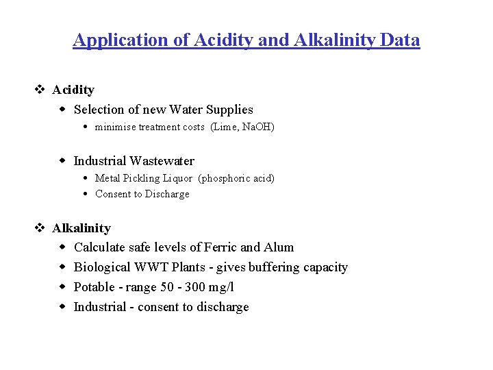 Application of Acidity and Alkalinity Data v Acidity w Selection of new Water Supplies