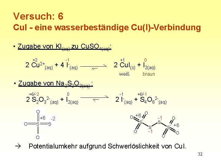 Versuch: 6 Cu. I - eine wasserbeständige Cu(I)-Verbindung • Zugabe von KI(aq) zu Cu.