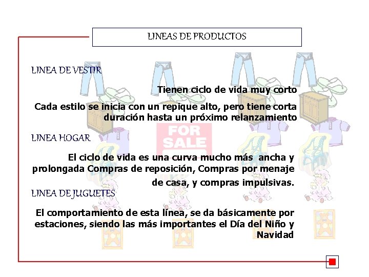 LINEAS DE PRODUCTOS LINEA DE VESTIR Tienen ciclo de vida muy corto Cada estilo