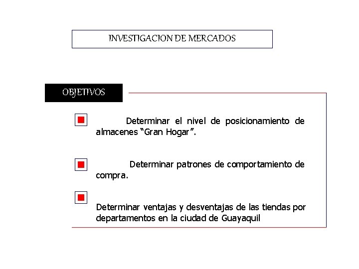 INVESTIGACION DE MERCADOS OBJETIVOS Determinar el nivel de posicionamiento de almacenes “Gran Hogar”. Determinar