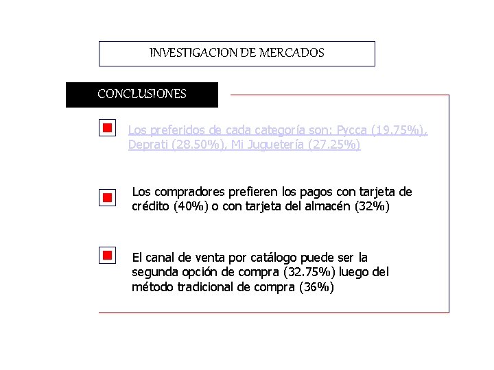 INVESTIGACION DE MERCADOS CONCLUSIONES Los preferidos de cada categoría son: Pycca (19. 75%), Deprati