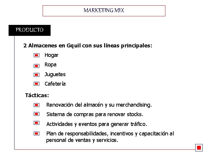 MARKETING MIX PRODUCTO 2 Almacenes en Gquil con sus líneas principales: Hogar Ropa Juguetes