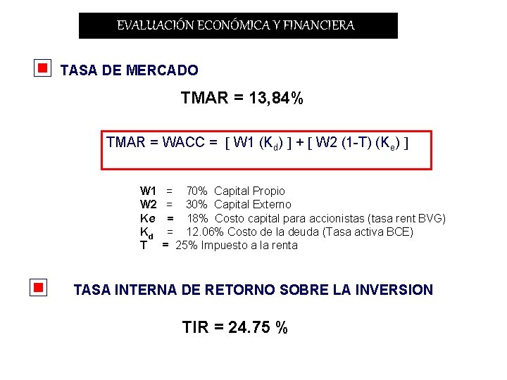 EVALUACIÓN ECONÓMICA Y FINANCIERA TASA DE MERCADO TMAR = 13, 84% TMAR = WACC