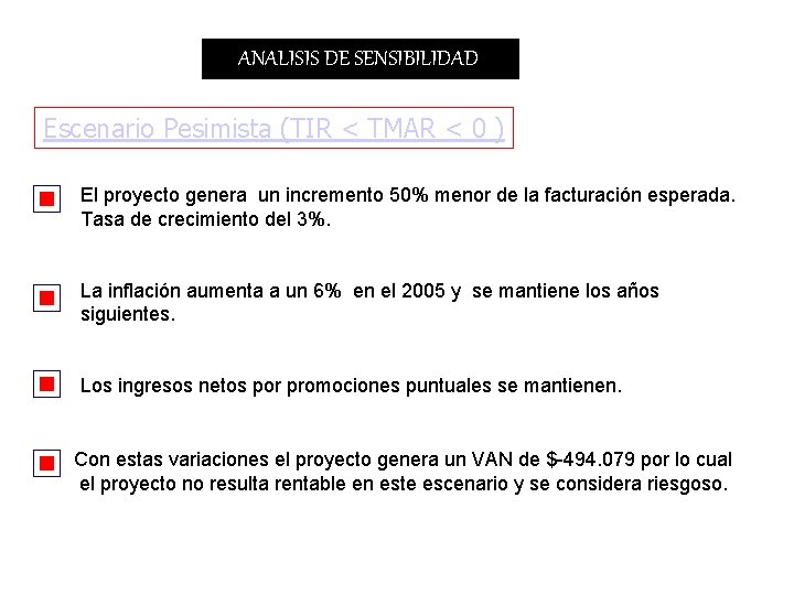 ANALISIS DE SENSIBILIDAD Escenario Pesimista (TIR < TMAR < 0 ) El proyecto genera