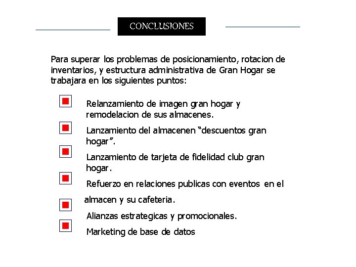 CONCLUSIONES Para superar los problemas de posicionamiento, rotacion de inventarios, y estructura administrativa de