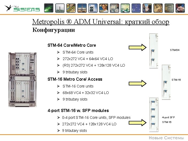Metropolis ® ADM Universal: краткий обзор Конфигурации STM-64 Core/Metro Core Ø STM-64 Core units Metropolis ® ADM Universal: краткий обзор Конфигурации STM-64 Core/Metro Core Ø STM-64 Core units