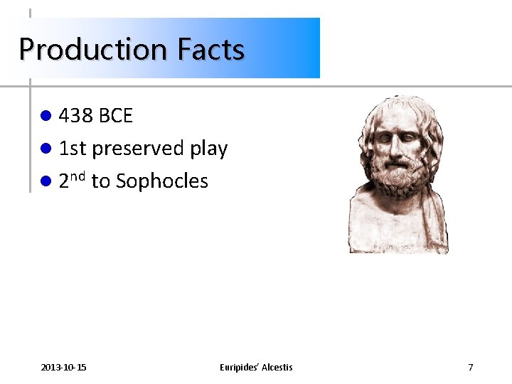 Production Facts l 438 BCE l 1 st preserved play l 2 nd to