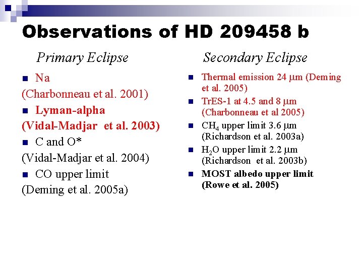 Observations of HD 209458 b Primary Eclipse Na (Charbonneau et al. 2001) n Lyman-alpha