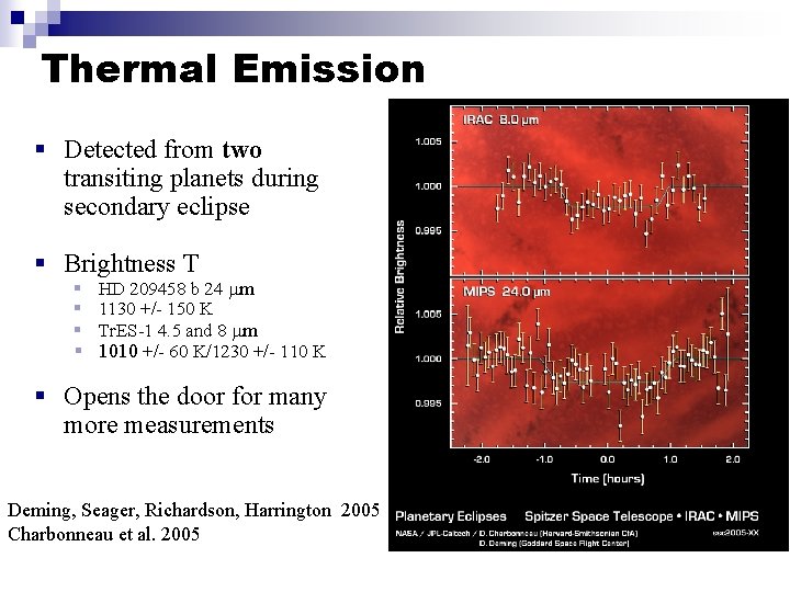 Thermal Emission § Detected from two transiting planets during secondary eclipse § Brightness T