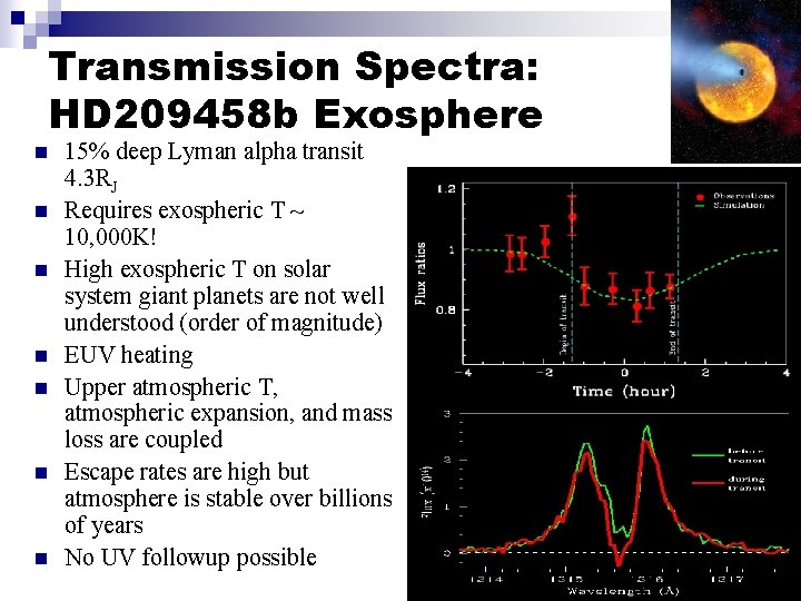 Transmission Spectra: HD 209458 b Exosphere n n n n 15% deep Lyman alpha