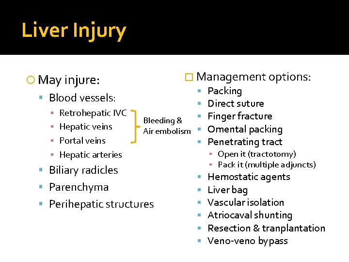 Liver Injury May injure: Blood vessels: ▪ ▪ Retrohepatic IVC Hepatic veins Portal veins