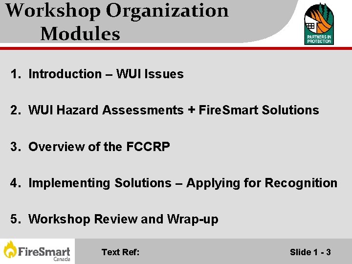 Workshop Organization Modules 1. Introduction – WUI Issues 2. WUI Hazard Assessments + Fire.