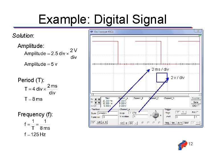 Example: Digital Signal Solution: Amplitude: 2 ms / div Period (T): 2 v /