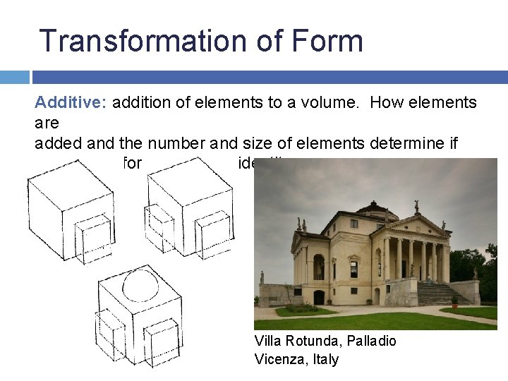 Transformation of Form Additive: addition of elements to a volume. How elements are added