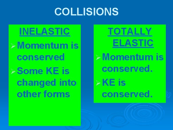 COLLISIONS INELASTIC Ø Momentum is conserved Ø Some KE is changed into other forms