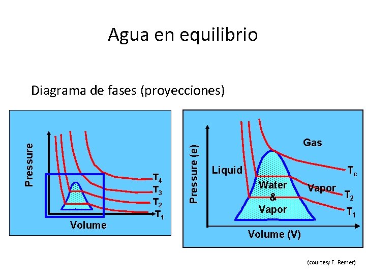 Agua en equilibrio Volume T 4 T 3 T 2 T 1 Pressure (e)