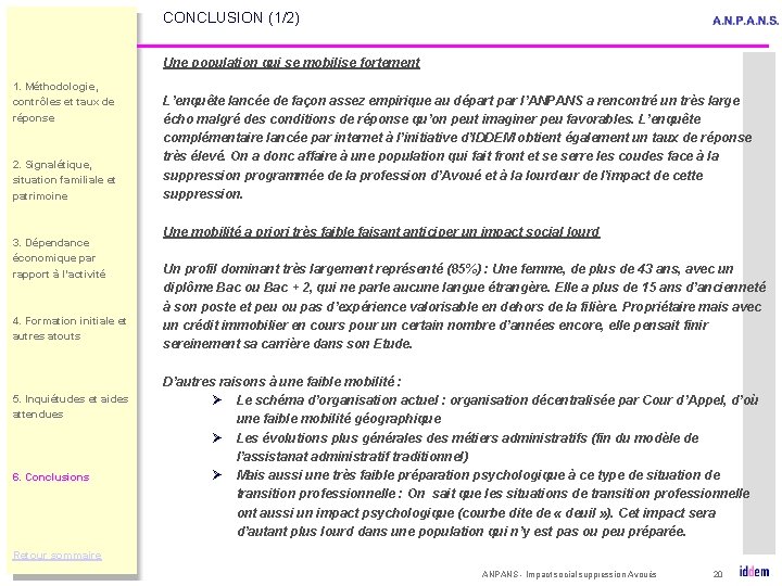 CONCLUSION (1/2) Une population qui se mobilise fortement 1. Méthodologie, contrôles et taux de