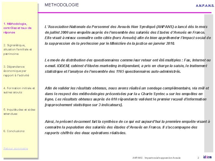 METHODOLOGIE 1. Méthodologie, contrôles et taux de réponse L’Association Nationale du Personnel des Avoués