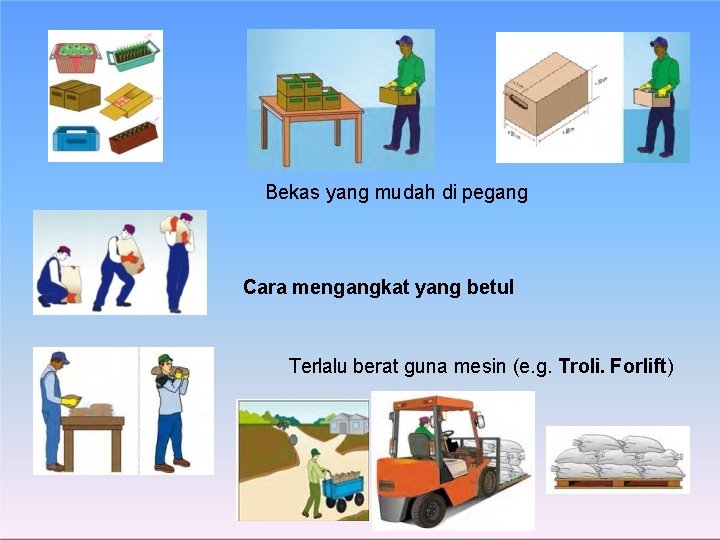 Bekas yang mudah di pegang Cara mengangkat yang betul Terlalu berat guna mesin (e.