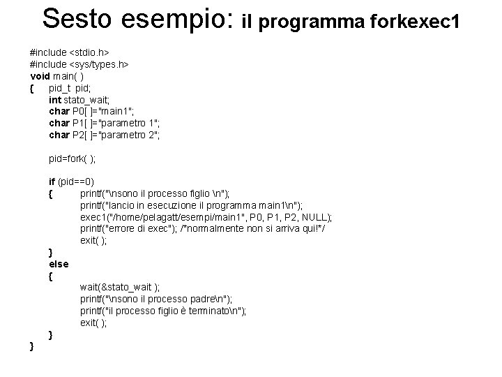 Sesto esempio: il programma forkexec 1 #include <stdio. h> #include <sys/types. h> void main(